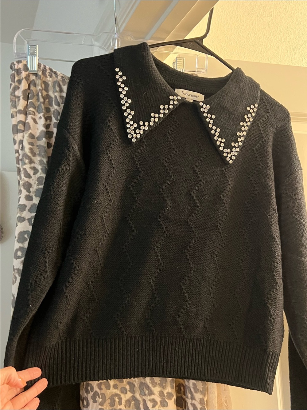 Francesca's Collections Black Crewneck Sweater with Jeweled Collar